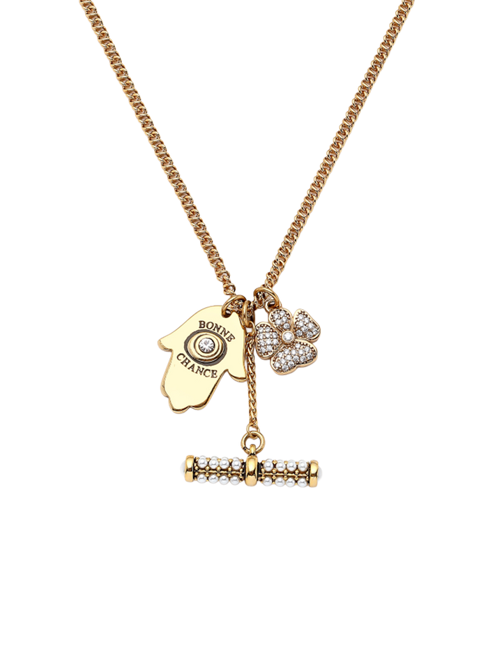 Mon Reve Blessed Luck Gold Filled Necklace with Bonne Chance Hand and Pavé Flower Charms | LE FIGUE NEW YORK