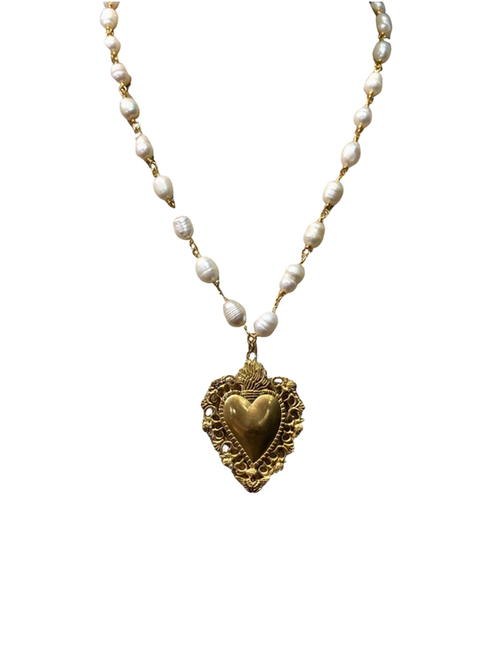 Fascinato Romeo Necklace with Freshwater Pearls and Ornate Gold Sacred Heart Pendant | LE FIGUE NEW YORK