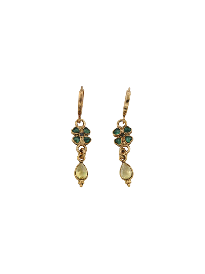 LA2L Sacha Clover Drop Earrings in Green Agate and Verre jaune with gold-filled clover and teardrop design | LE FIGUE NEW YORK
